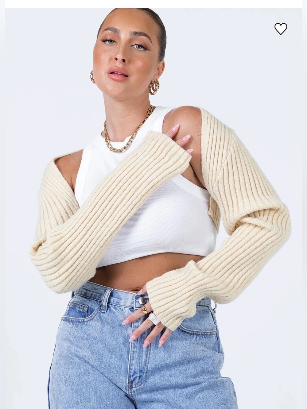 Princess Polly Women Beige Ribbed Knit Cropped Shrug Bolero Sweater Size L/XL